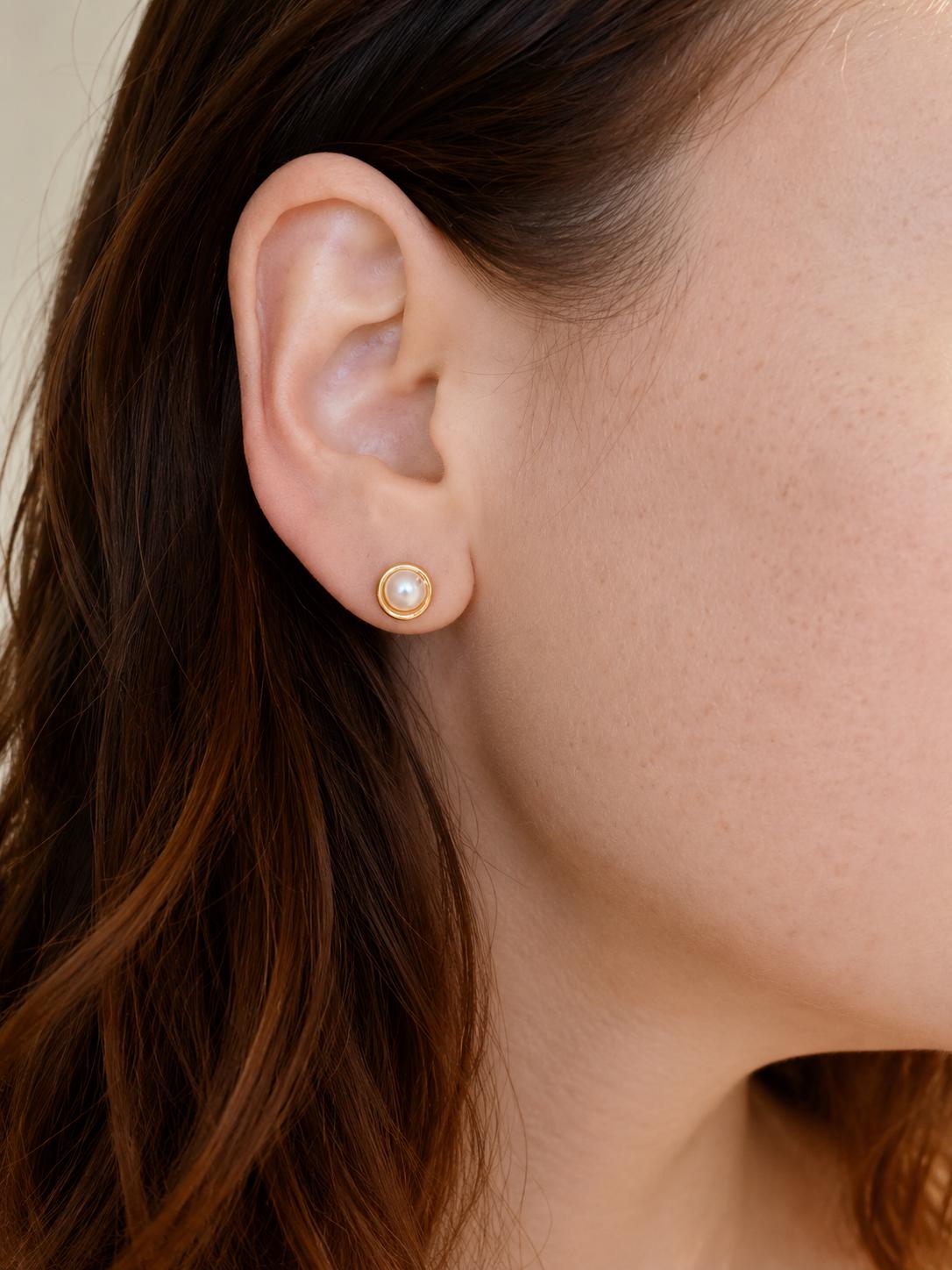 14K Gold Filled Pearl Stud Earrings, Wire Wrapped