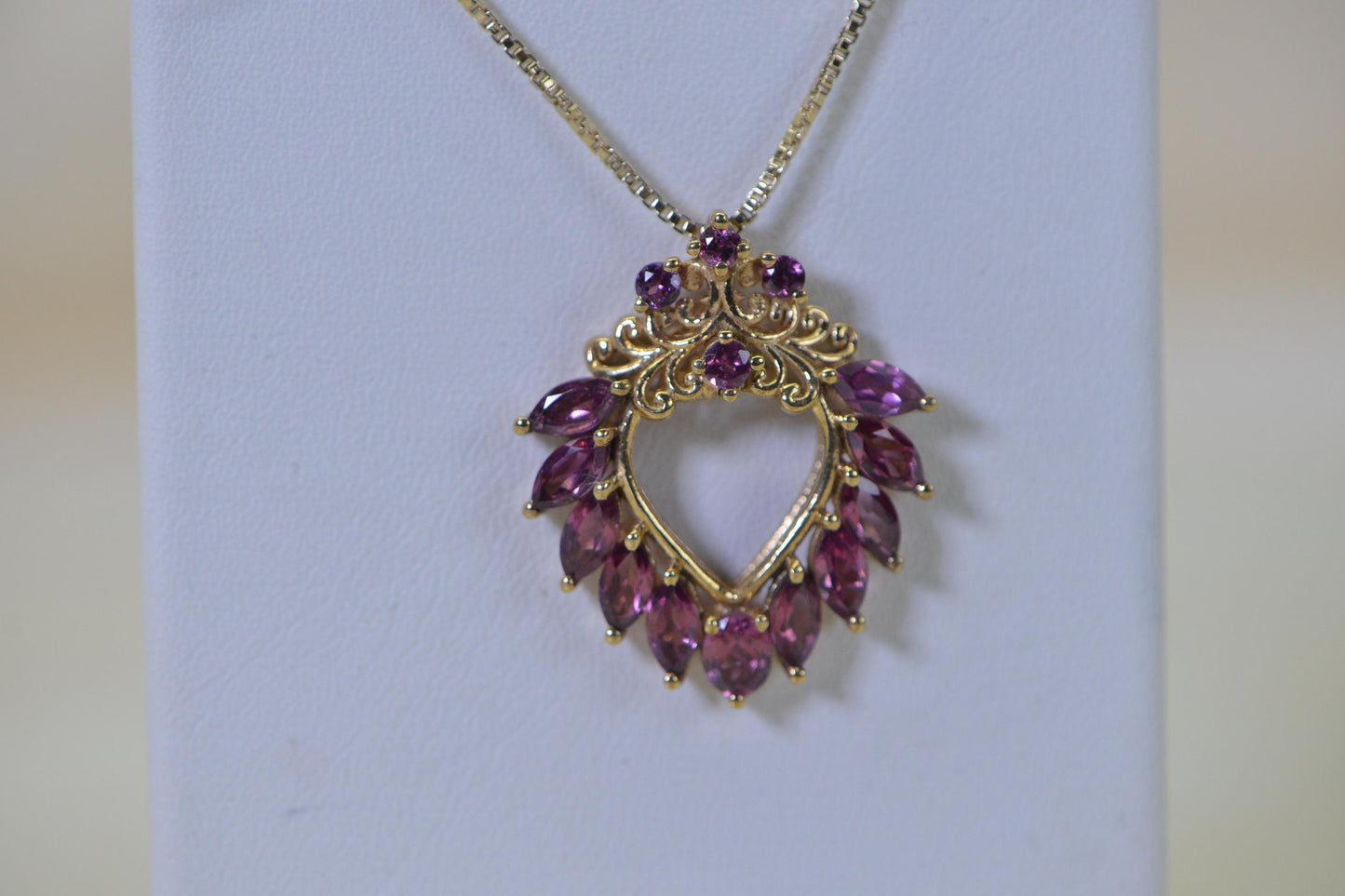 Vintage Open Heart Pendant Purple Garnet  14K Gold Vermeil Necklace