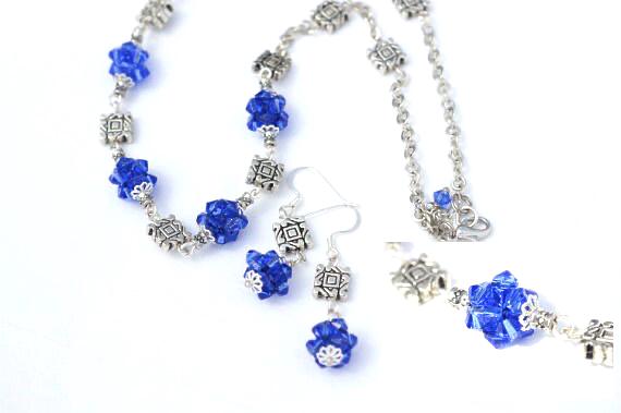 Blue Crystal Cluster Necklace, Silver Plated Beaded Necklace, 20 Inch