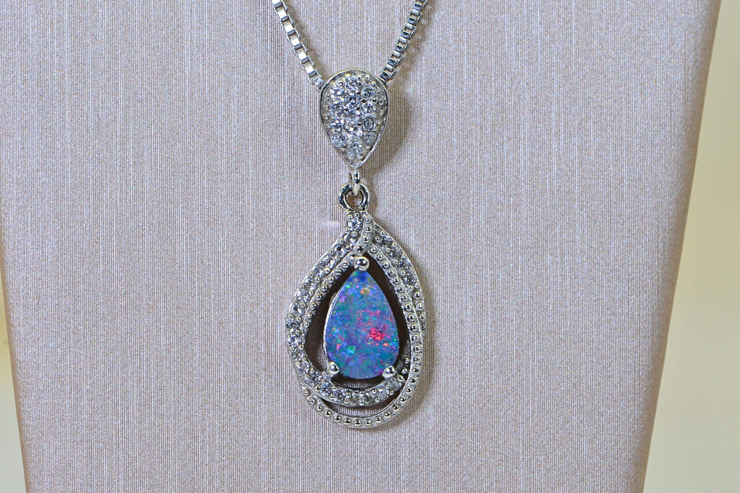 Australian Black Opal Pendant Necklace, Sterling Silver Halo Necklace AAA Black Opal Doublet