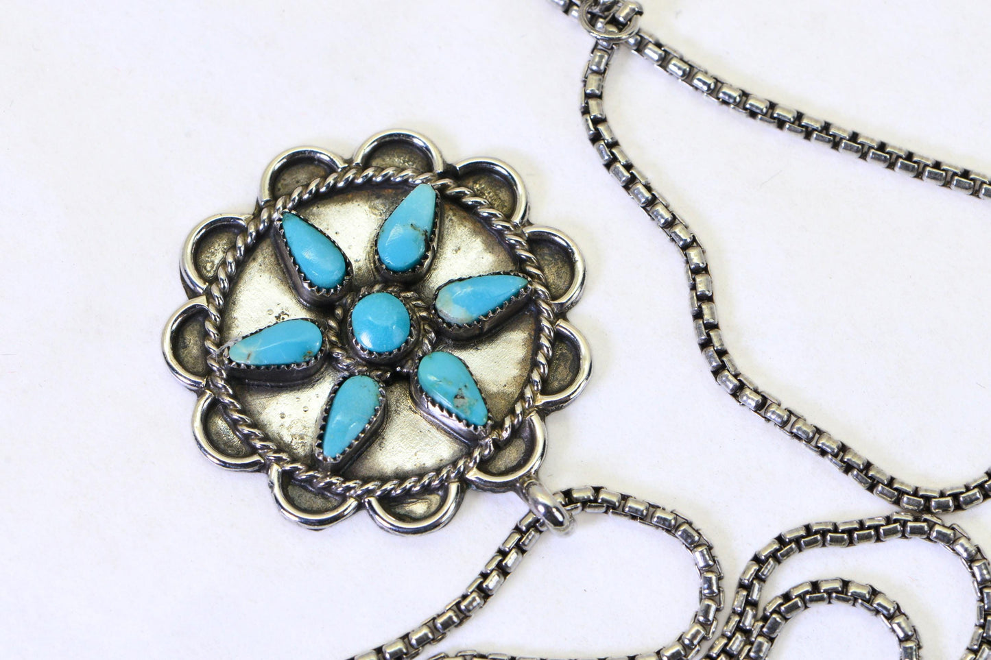 Vintage Turquoise Flower Pendant Necklace, Sterling Silver Turquoise Necklace, Southwestern Jewelry, Native American Style Pendant