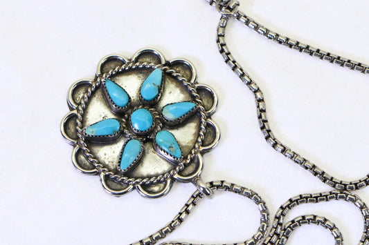 Vintage Turquoise Flower Pendant Necklace, Sterling Silver Turquoise Necklace, Southwestern Jewelry, Native American Style Pendant