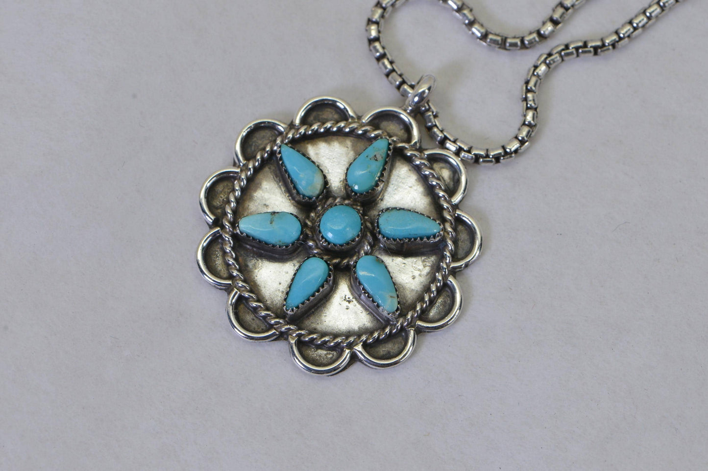 Vintage Turquoise Flower Pendant Necklace, Sterling Silver Turquoise Necklace, Southwestern Jewelry, Native American Style Pendant