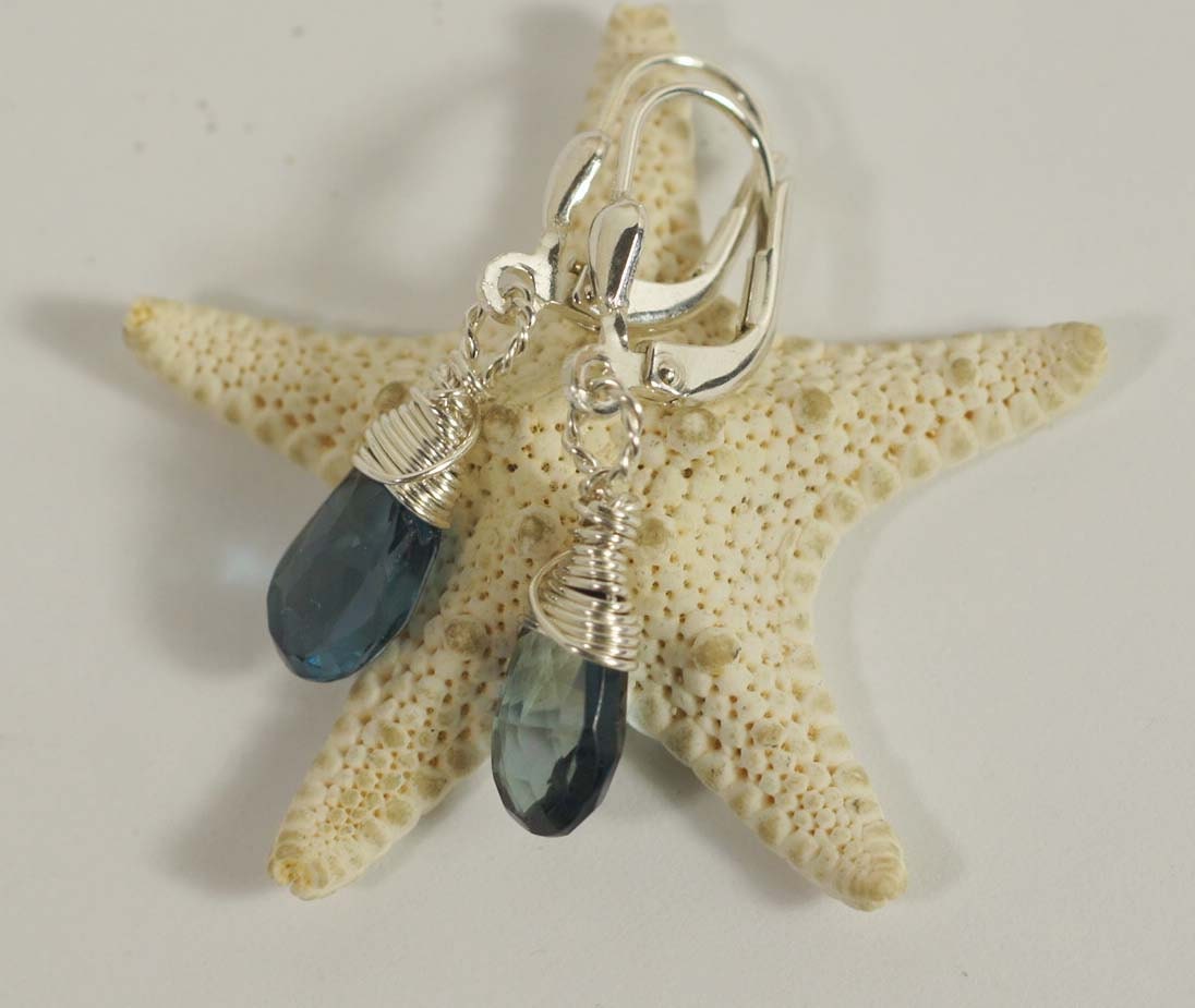 London Blue Topaz Drop Earrings: Sterling Silver Lever Backs