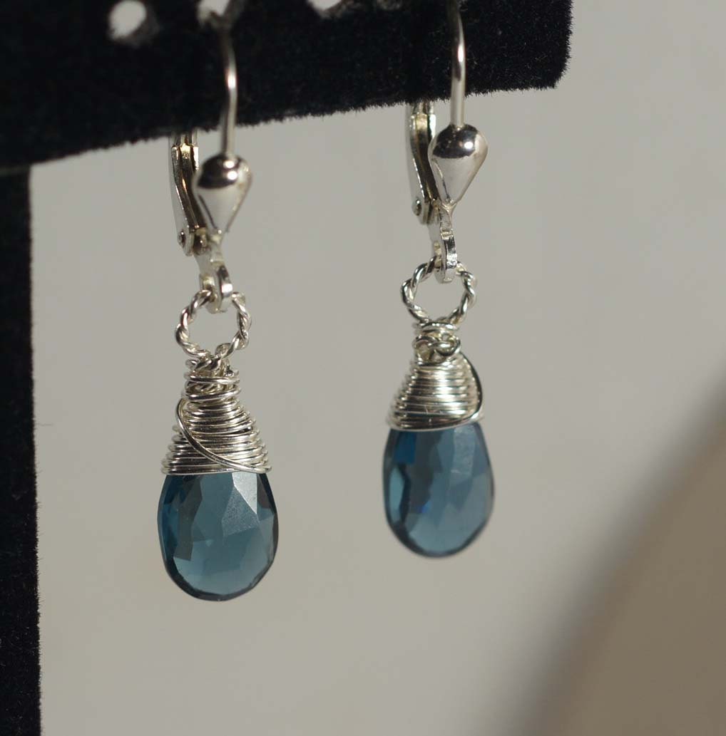 London Blue Topaz Drop Earrings: Sterling Silver Lever Backs