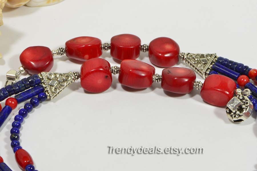 Lapis Lazuli & Coral Triplet Strand Necklace, Sterling Silver Beads