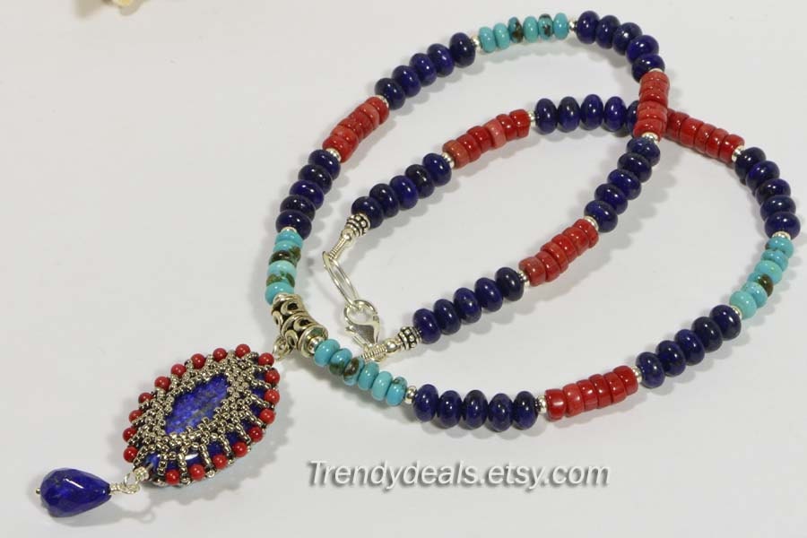 Lapis Lazuli Beaded Necklace, Coral, Sterling Silver Clasp