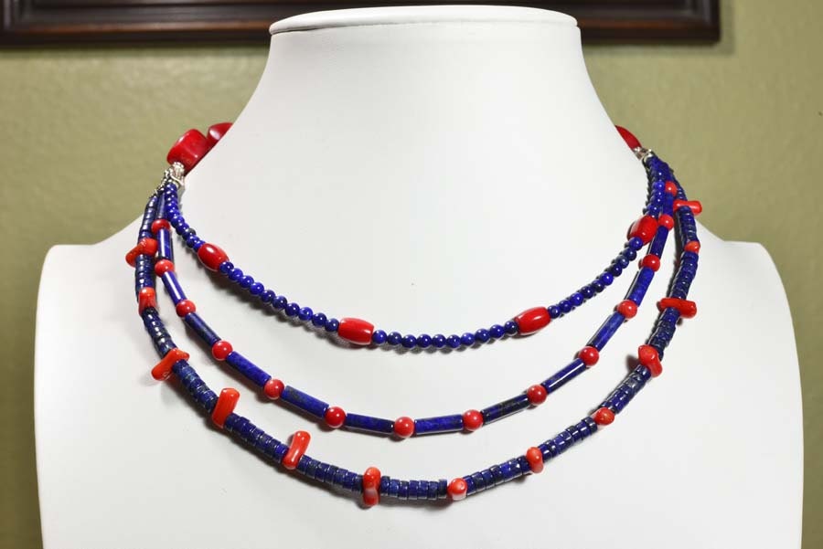 Lapis Lazuli & Coral Triplet Strand Necklace, Sterling Silver Beads