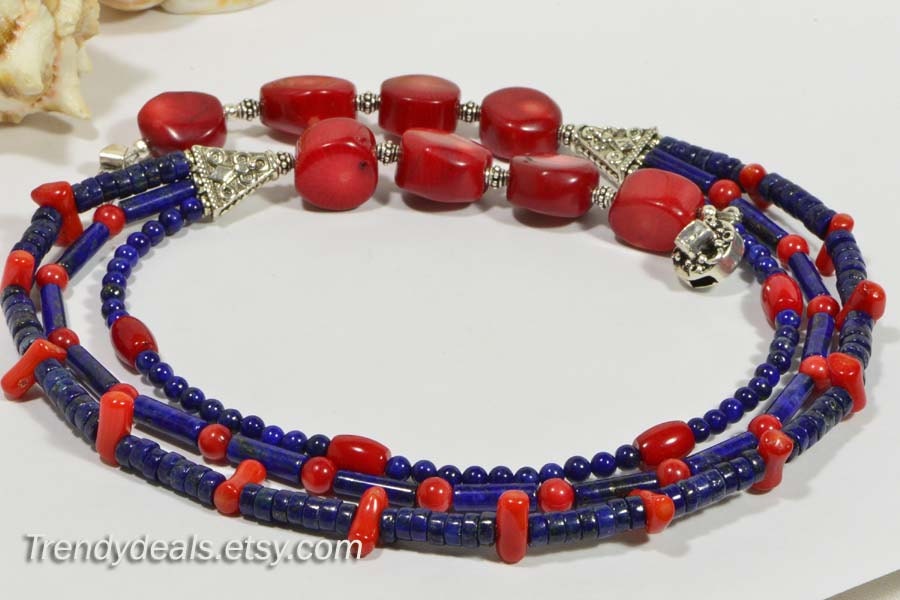 Lapis Lazuli & Coral Triplet Strand Necklace, Sterling Silver Beads