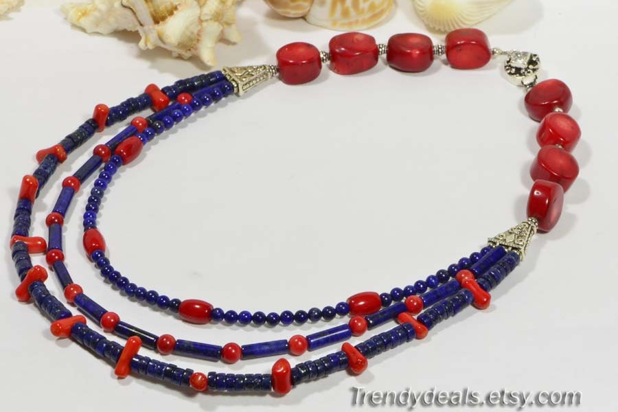Lapis Lazuli & Coral Triplet Strand Necklace, Sterling Silver Beads