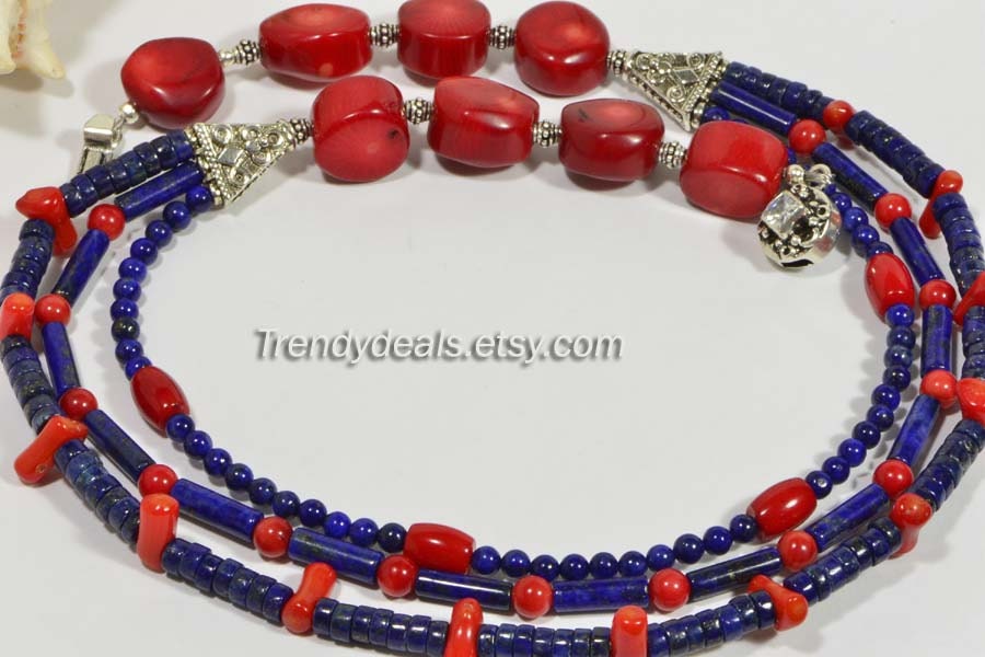 Lapis Lazuli & Coral Triplet Strand Necklace, Sterling Silver Beads