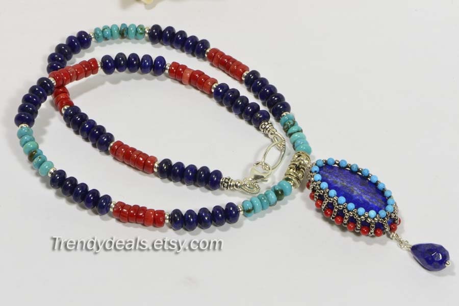 Lapis Lazuli Beaded Necklace, Coral, Sterling Silver Clasp