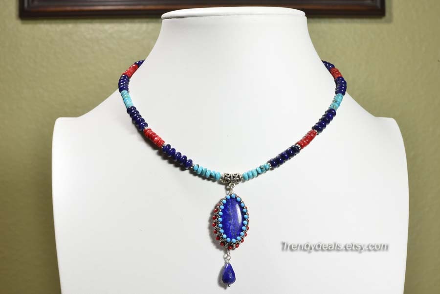 Lapis Lazuli Beaded Necklace, Coral, Sterling Silver Clasp