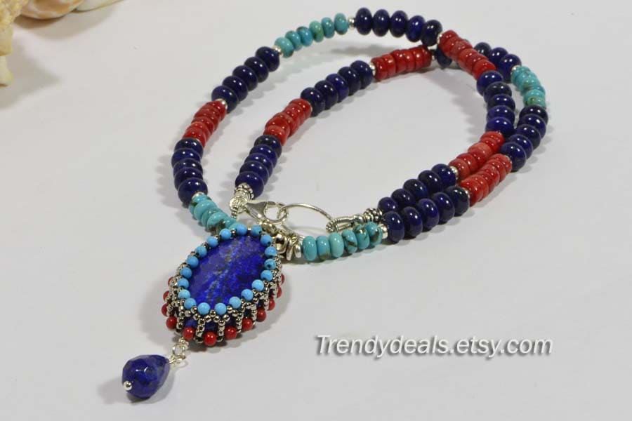 Lapis Lazuli Beaded Necklace, Coral, Sterling Silver Clasp