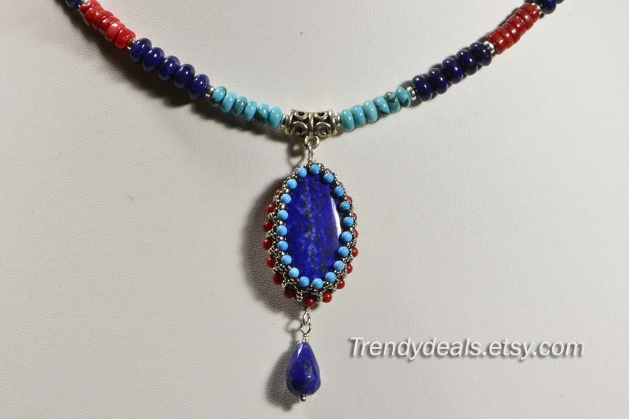 Lapis Lazuli Beaded Necklace, Coral, Sterling Silver Clasp