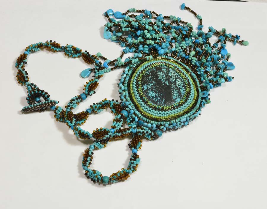 Tutorial Embroidery beaded Necklace Free Form Pendant Gemstone and Seed Beads Necklace Peyote Stitch Jewelry Seed Beads Necklace