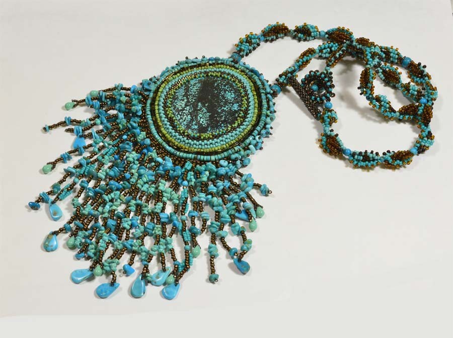 Tutorial Embroidery beaded Necklace Free Form Pendant Gemstone and Seed Beads Necklace Peyote Stitch Jewelry Seed Beads Necklace