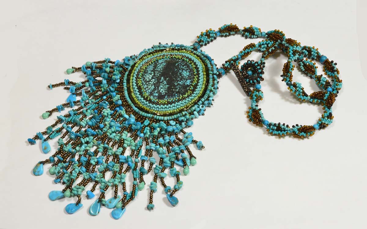 Tutorial Embroidery beaded Necklace Free Form Pendant Gemstone and Seed Beads Necklace Peyote Stitch Jewelry Seed Beads Necklace