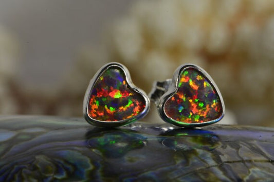 Heart Fire Opal Stud Earrings: Sterling Silver Handmade Jewelry