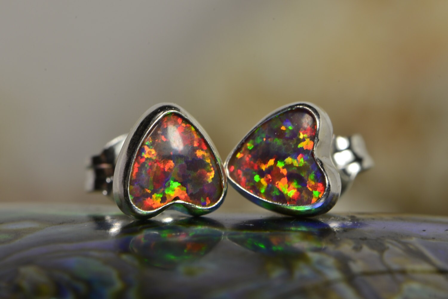 Heart Fire Opal Stud Earrings: Sterling Silver Handmade Jewelry
