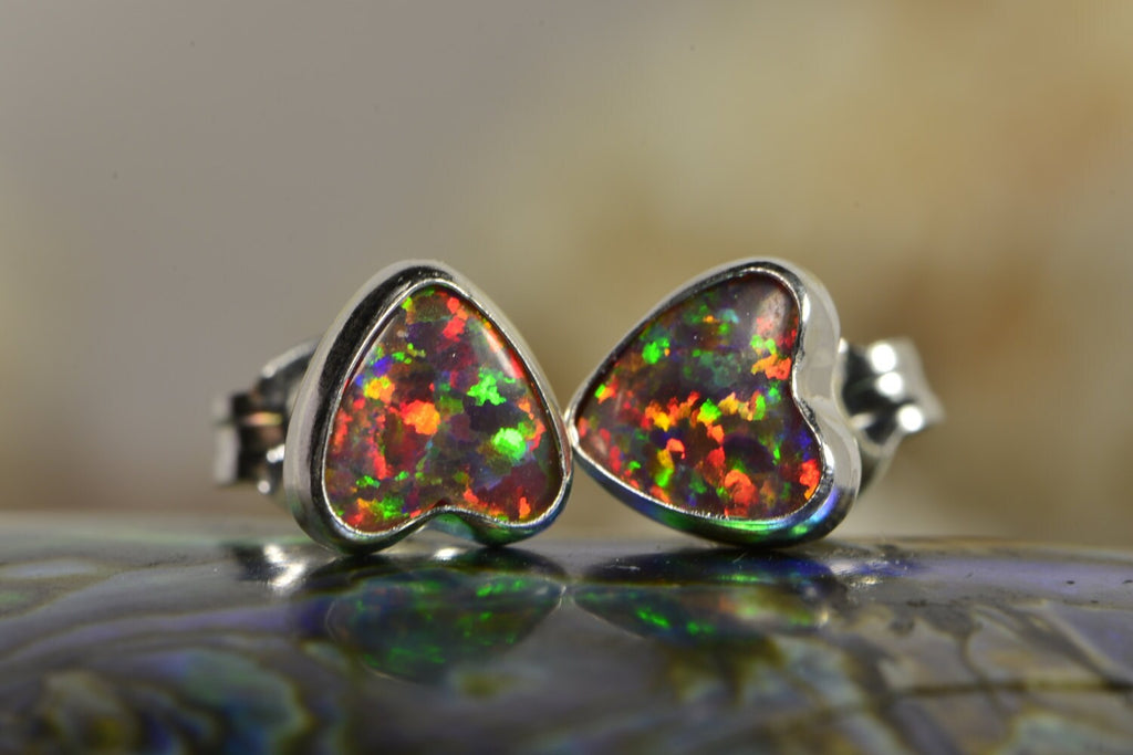Heart Fire Opal Stud Earrings: Sterling Silver Handmade Jewelry