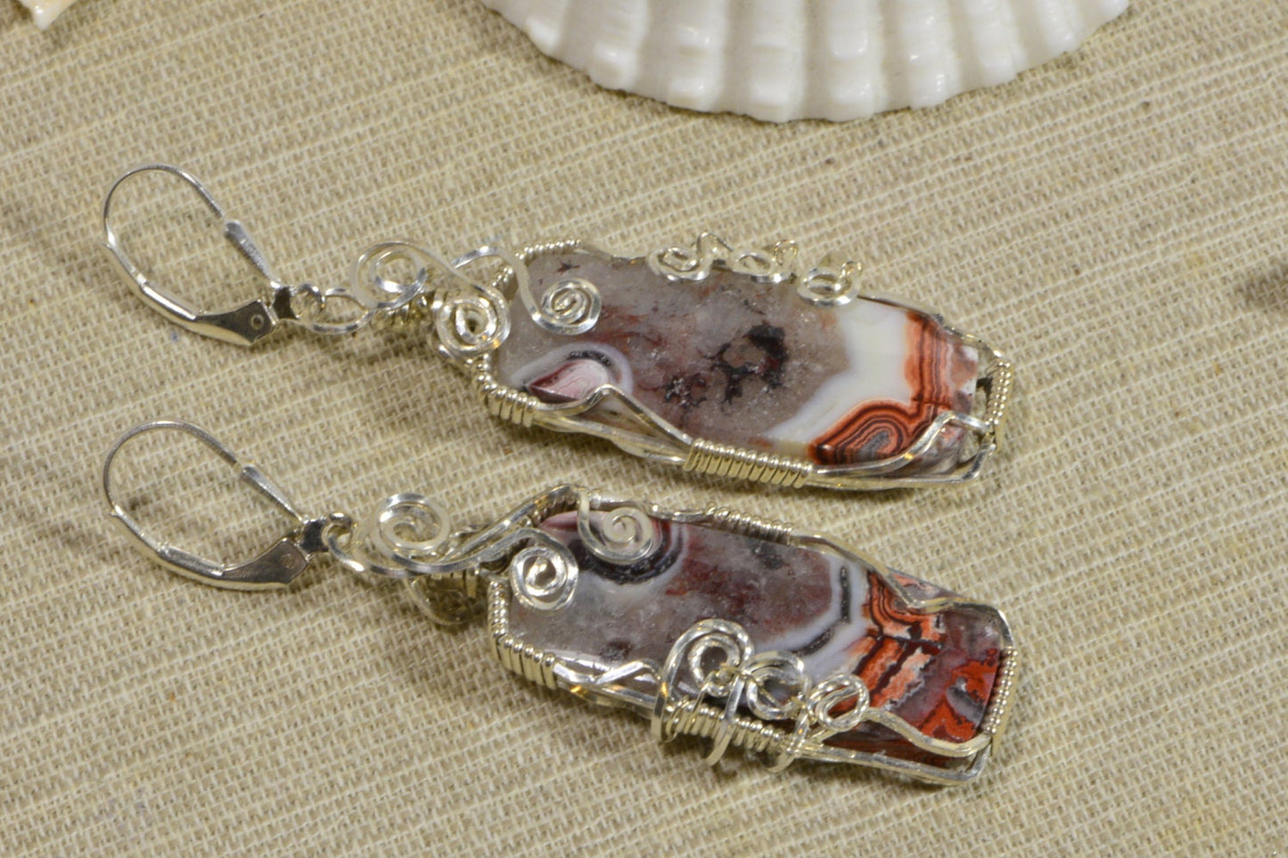 Sterling Silver Crazy Lace Agate Earrings, Wire Wrapped Gemstone Jewelry