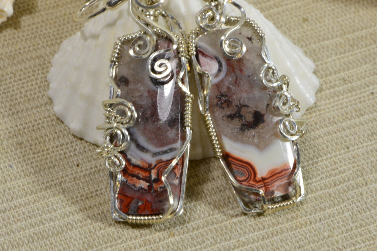 Sterling Silver Crazy Lace Agate Earrings, Wire Wrapped Gemstone Jewelry