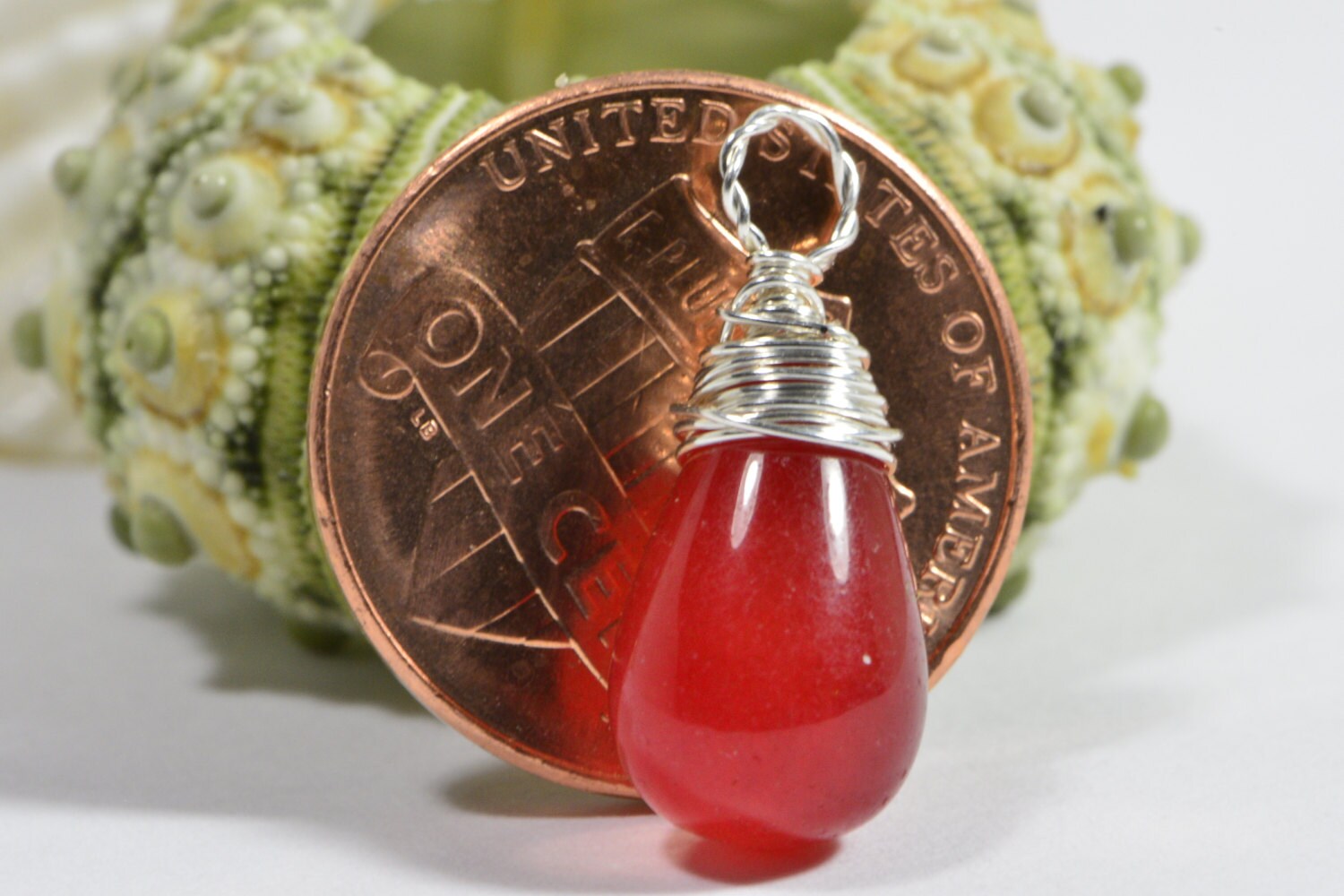 Red Jade Teardrop Pendant: Sterling Silver Wire Wrapped Dangle