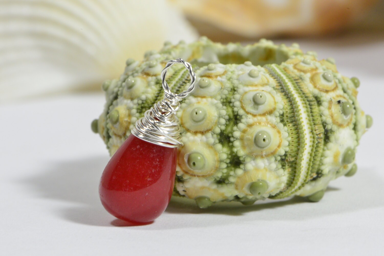 Red Jade Teardrop Pendant: Sterling Silver Wire Wrapped Dangle