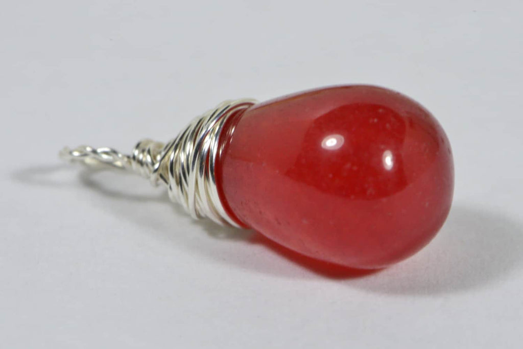 Red Jade Teardrop Pendant: Sterling Silver Wire Wrapped Dangle