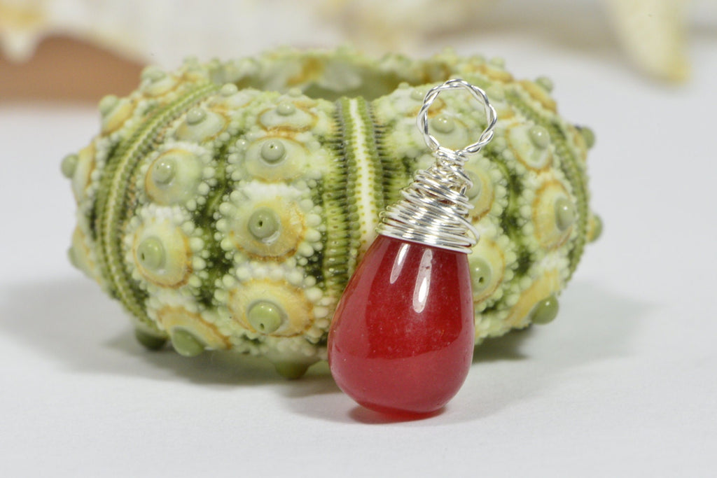 Red Jade Teardrop Pendant: Sterling Silver Wire Wrapped Dangle