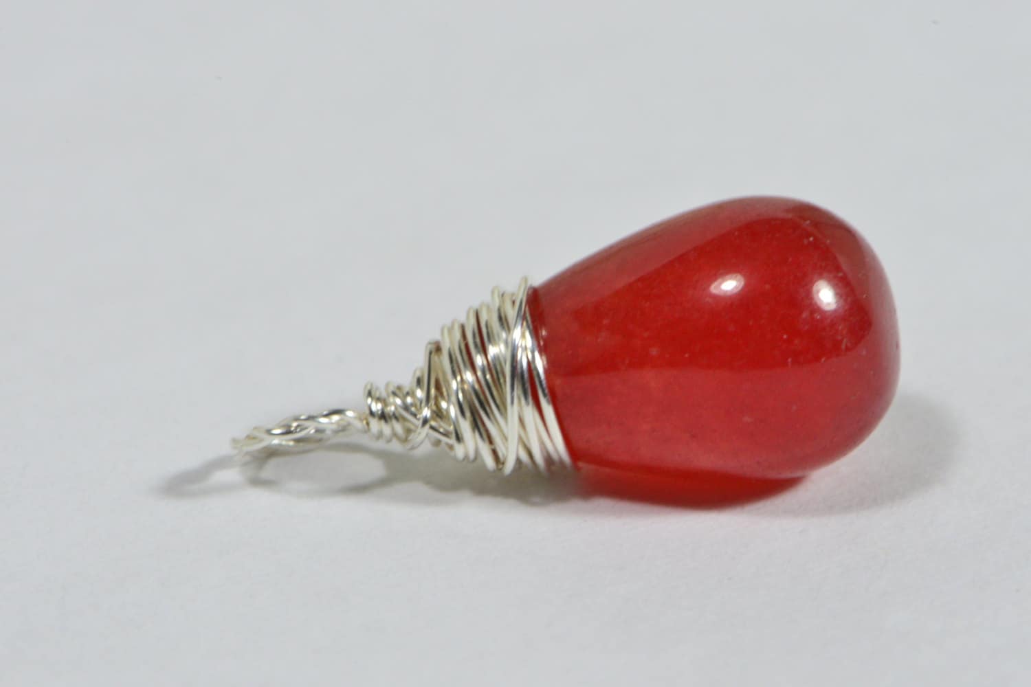 Red Jade Teardrop Pendant: Sterling Silver Wire Wrapped Dangle