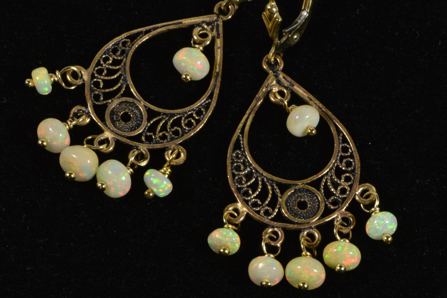 Ethiopian Opal Filigree Dangle Earrings, Gold over Sterling Silver
