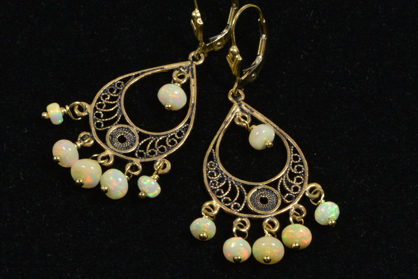 Ethiopian Opal Filigree Dangle Earrings, Gold over Sterling Silver