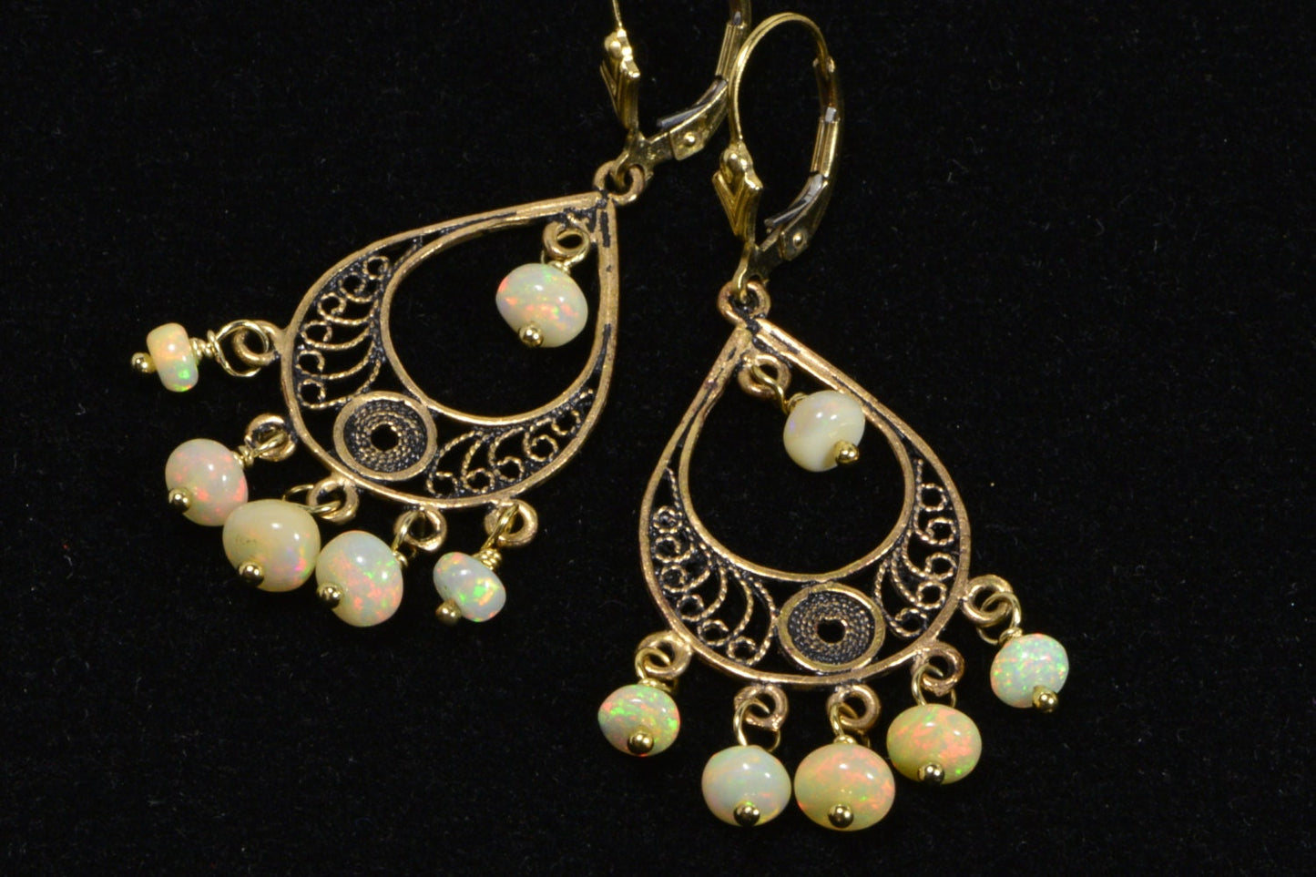 Ethiopian Opal Filigree Dangle Earrings, Gold over Sterling Silver
