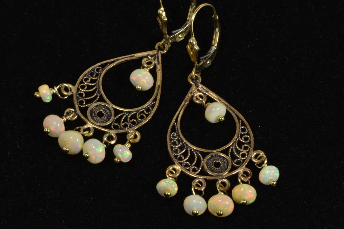 Ethiopian Opal Filigree Dangle Earrings, Gold over Sterling Silver