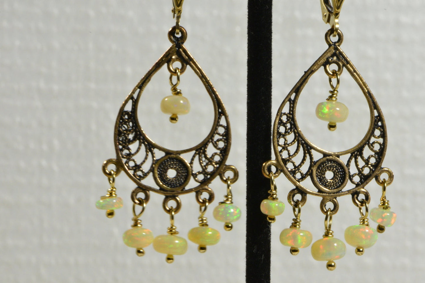 Ethiopian Opal Filigree Dangle Earrings, Gold over Sterling Silver