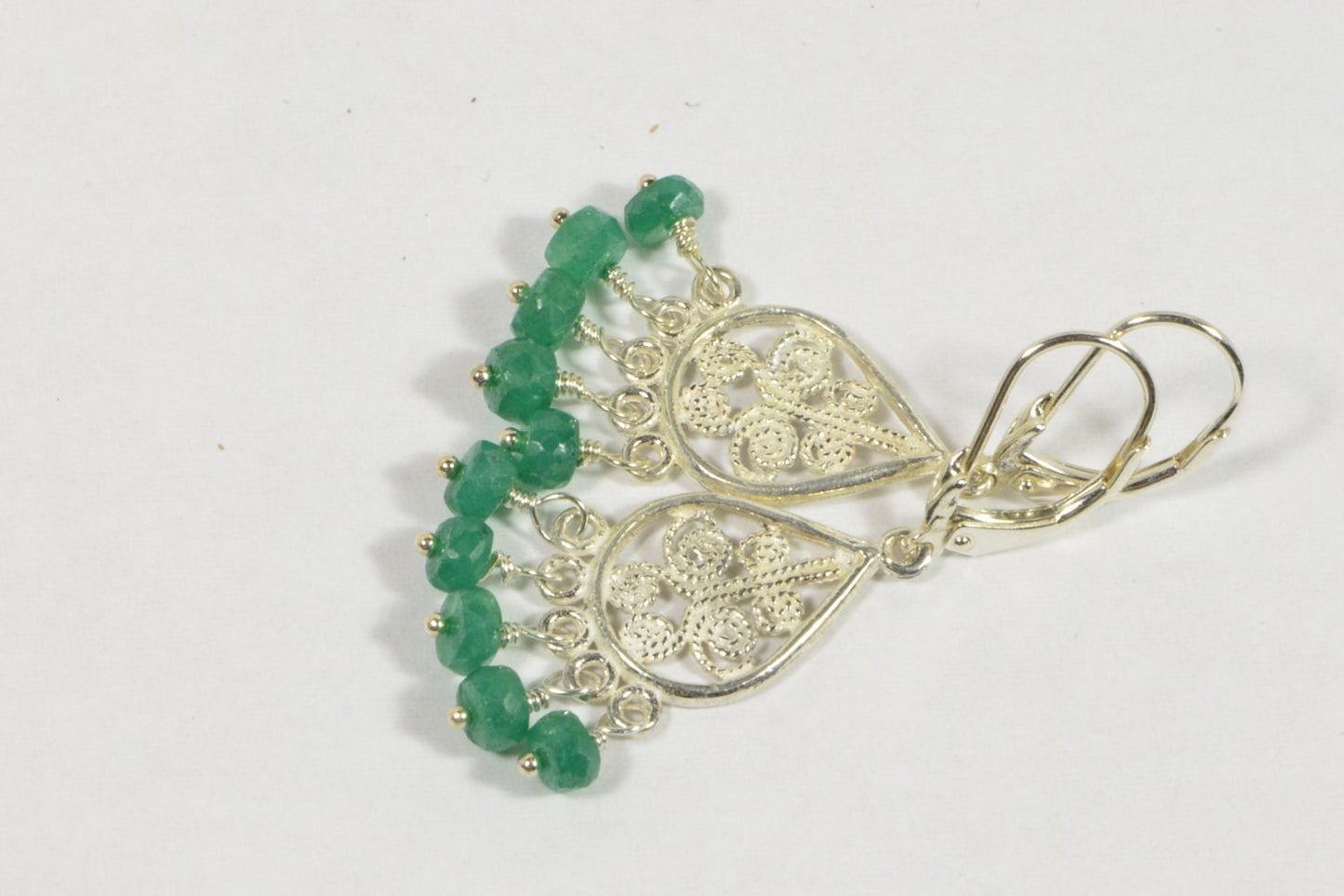 Colombian Emerald Drop Earrings, Sterling Silver Filigree Teardrop