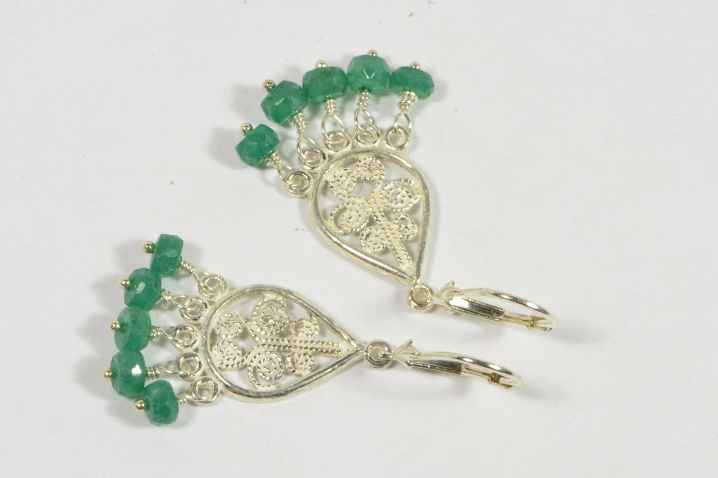 Colombian Emerald Drop Earrings, Sterling Silver Filigree Teardrop