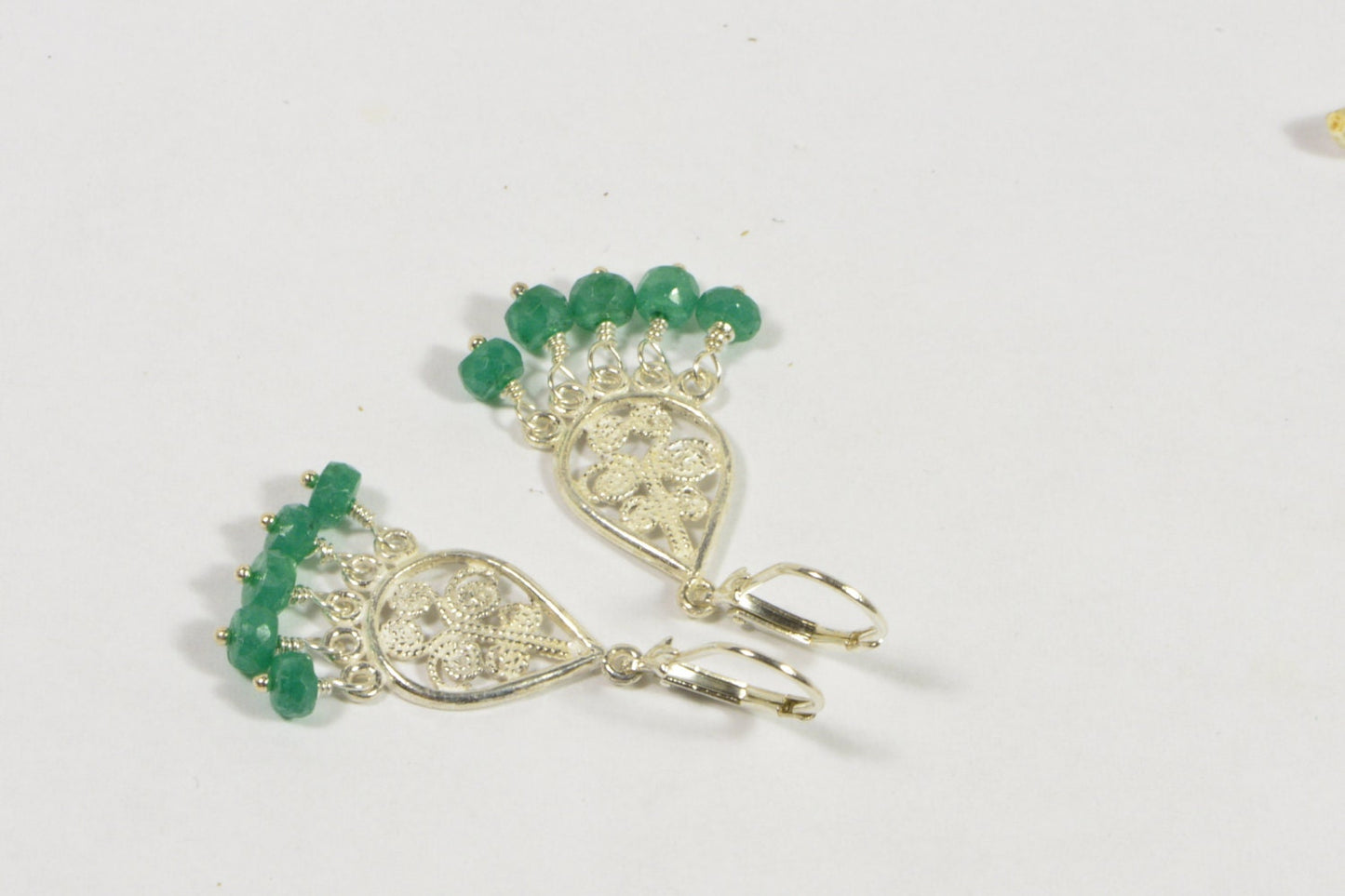 Colombian Emerald Drop Earrings, Sterling Silver Filigree Teardrop