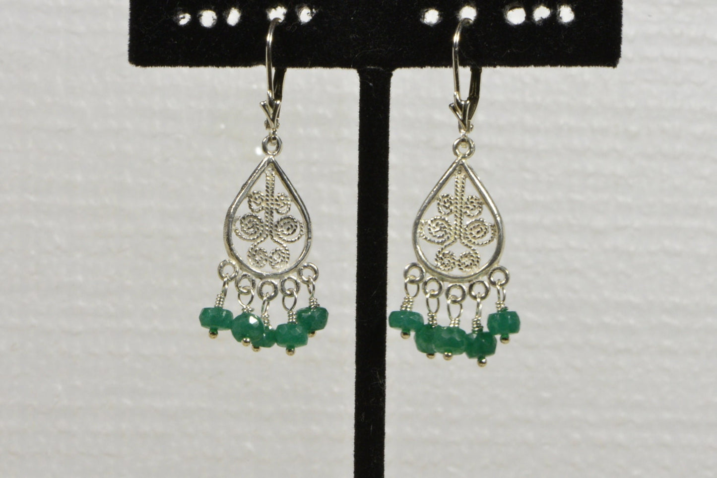 Colombian Emerald Drop Earrings, Sterling Silver Filigree Teardrop