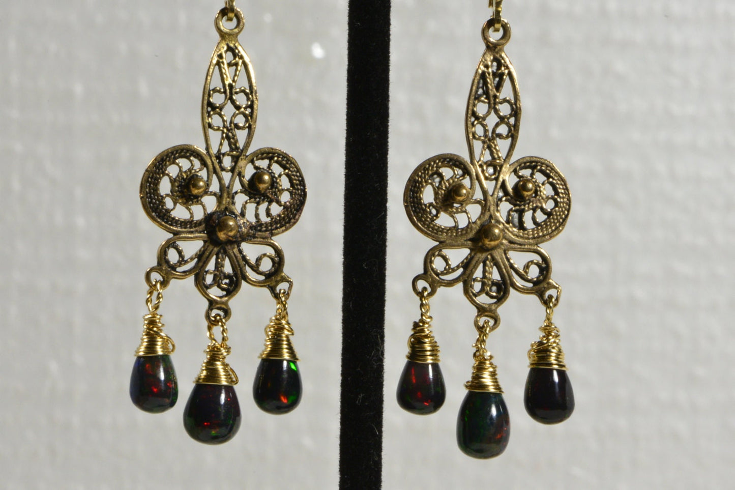 Black Opal Chandelier Earrings: 14K Gold Filled Wire Wrapped Jewelry