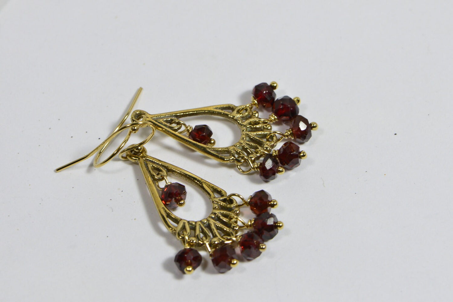 Handmade Gold Filled Garnet Dangle Earrings, Red Gemstone Jewelry