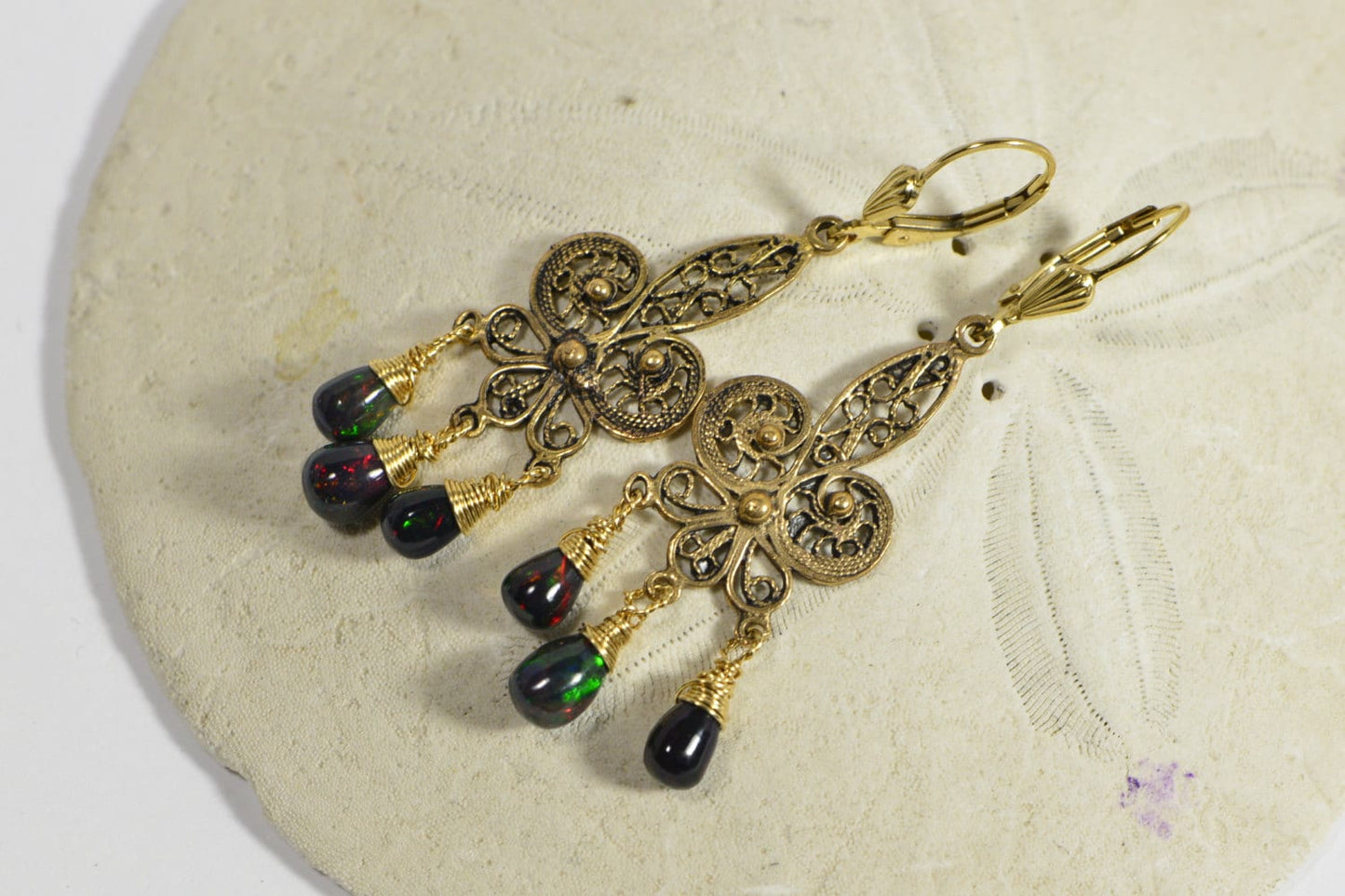 Black Opal Chandelier Earrings: 14K Gold Filled Wire Wrapped Jewelry