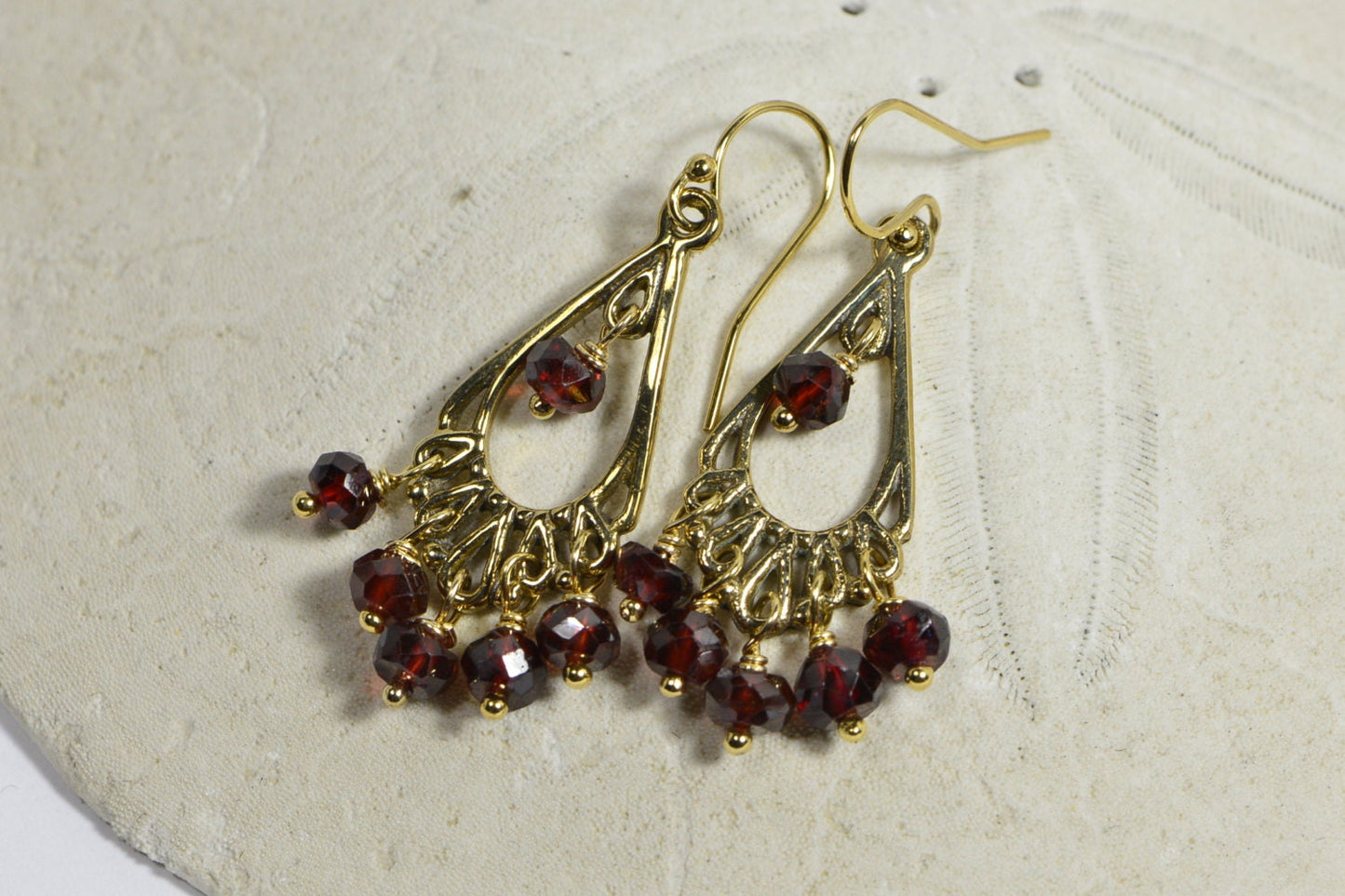 Handmade Gold Filled Garnet Dangle Earrings, Red Gemstone Jewelry