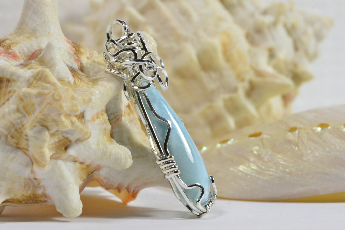 Wire Wrapped Larimar Pendant, Sterling Silver Handmade Jewelry