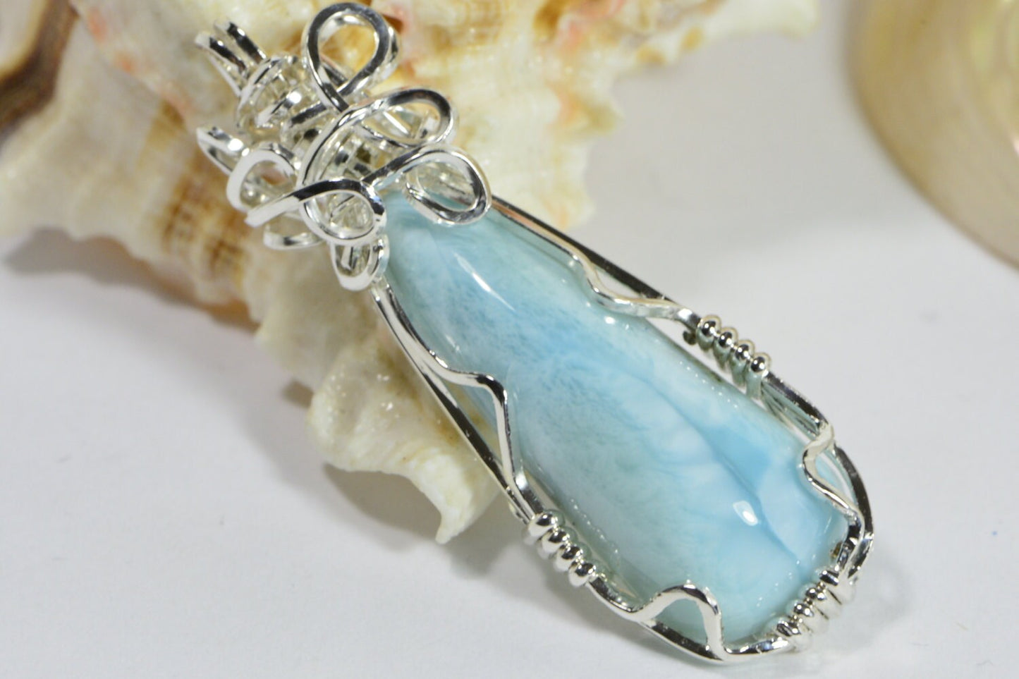 Wire Wrapped Larimar Pendant, Sterling Silver Handmade Jewelry