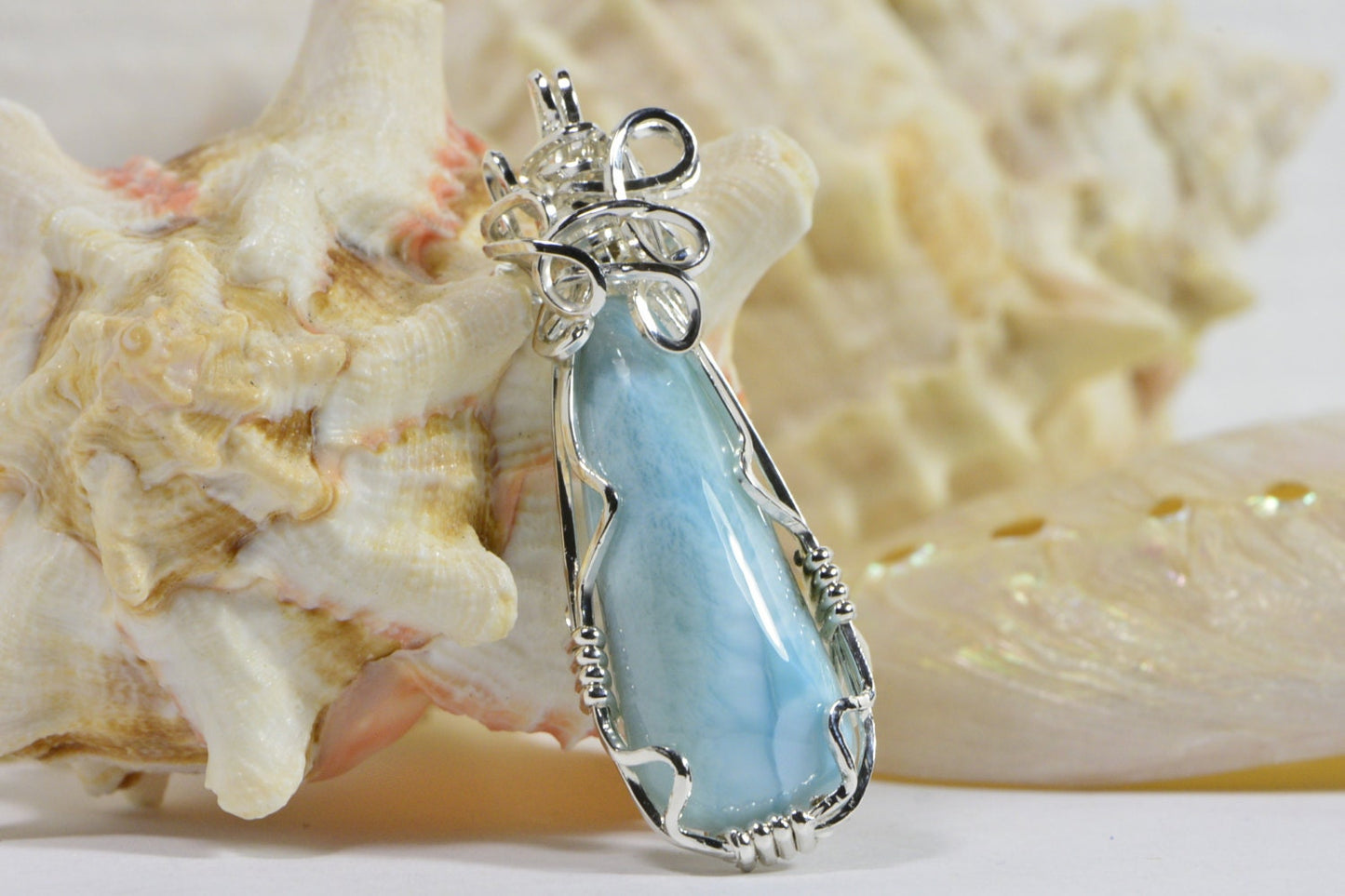 Wire Wrapped Larimar Pendant, Sterling Silver Handmade Jewelry