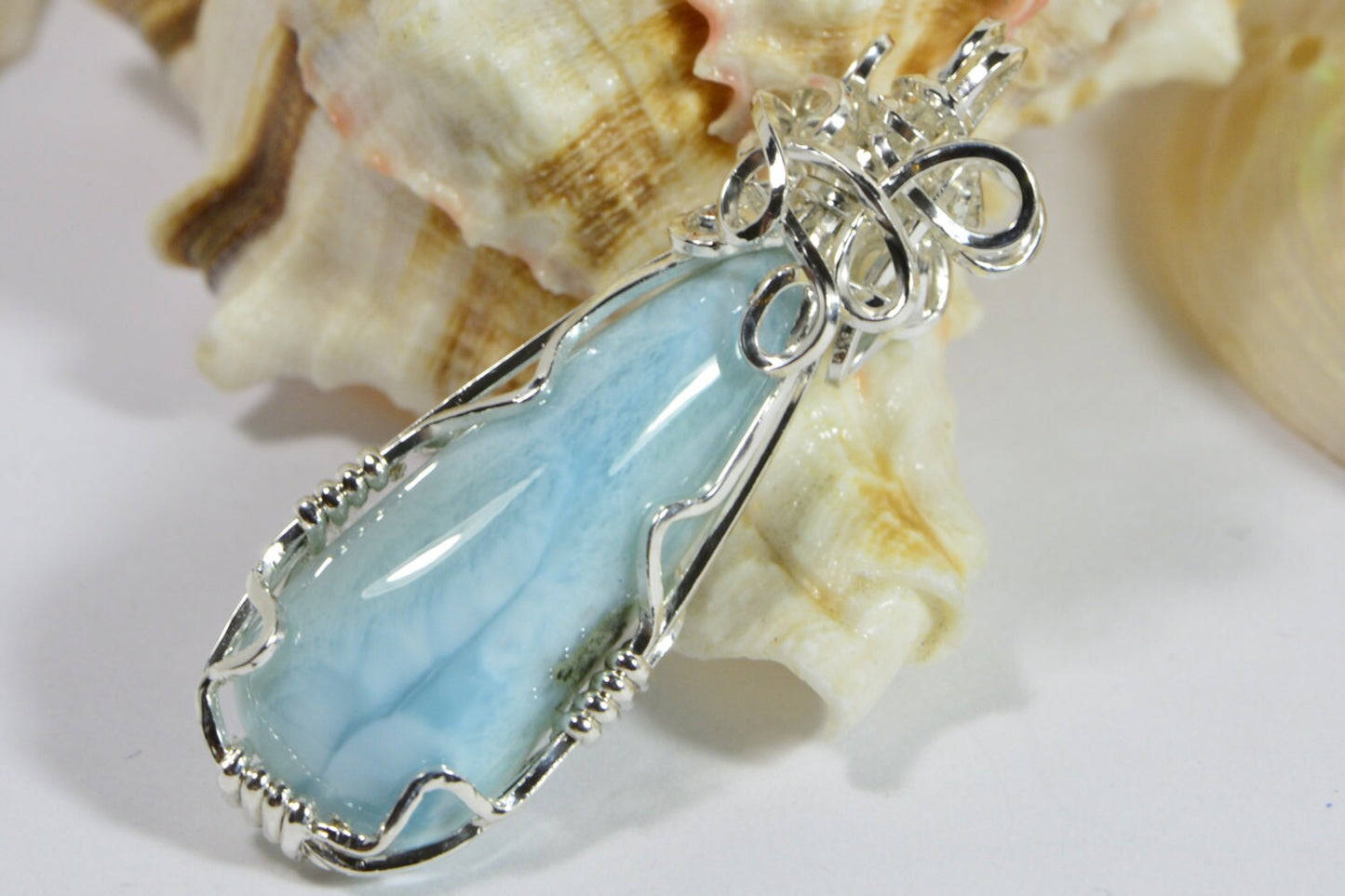 Wire Wrapped Larimar Pendant, Sterling Silver Handmade Jewelry