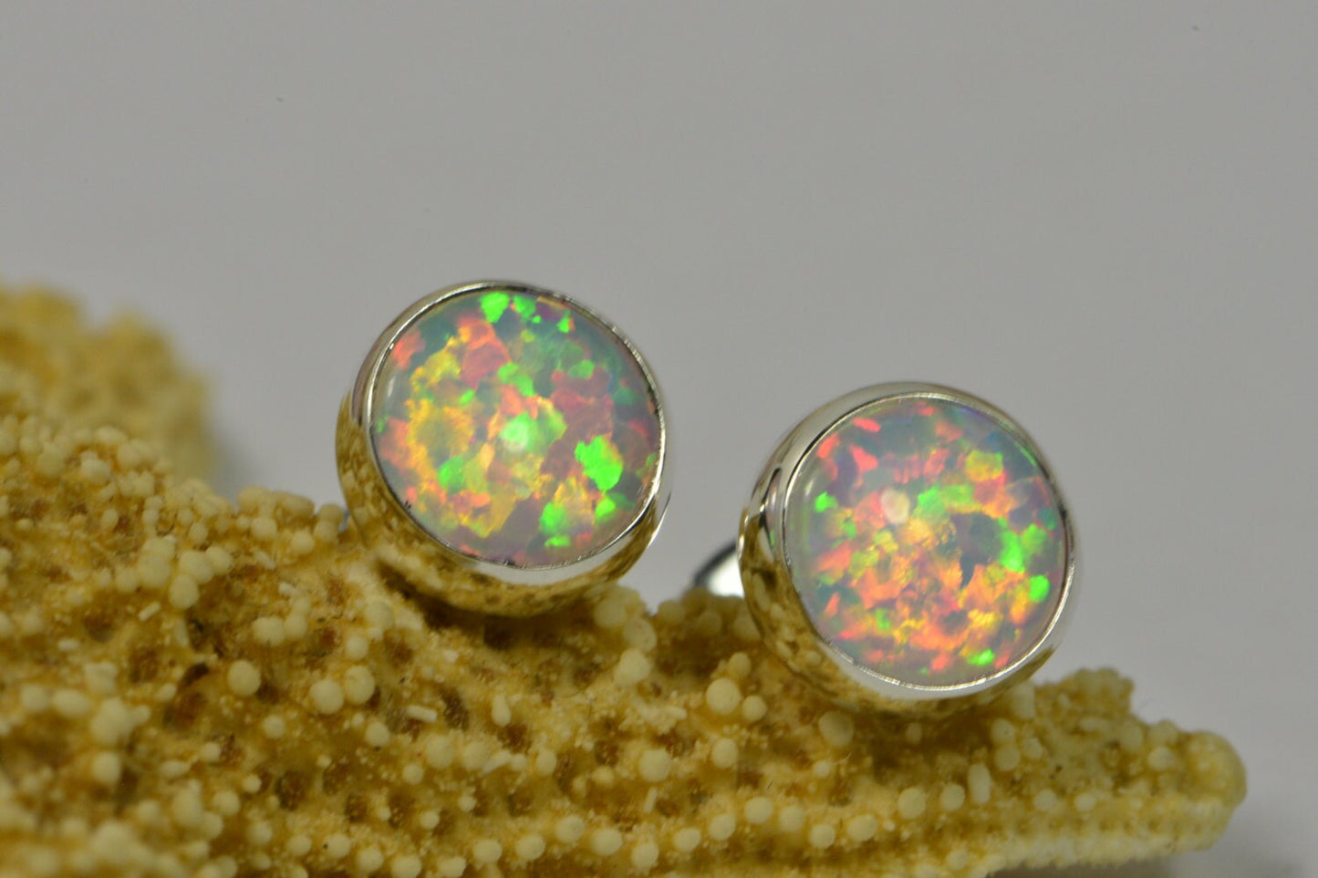 Sterling Silver Lab Opal Stud Earrings: Minimalist Post Earrings